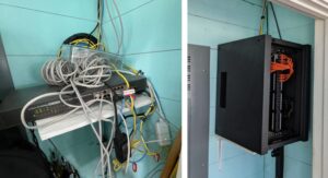 Before and after photos show how a rack can support network cables