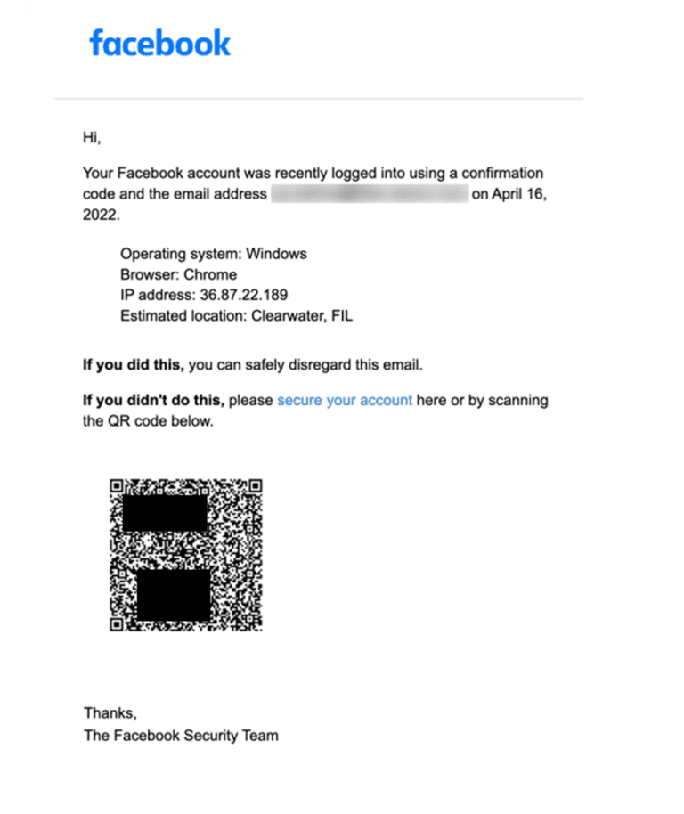 QR code in facebook email