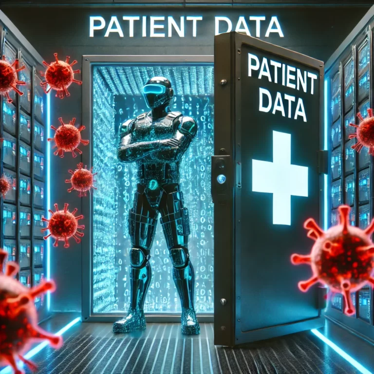 Endpoint detection and response soldier protecting vault of patient data from a virus.